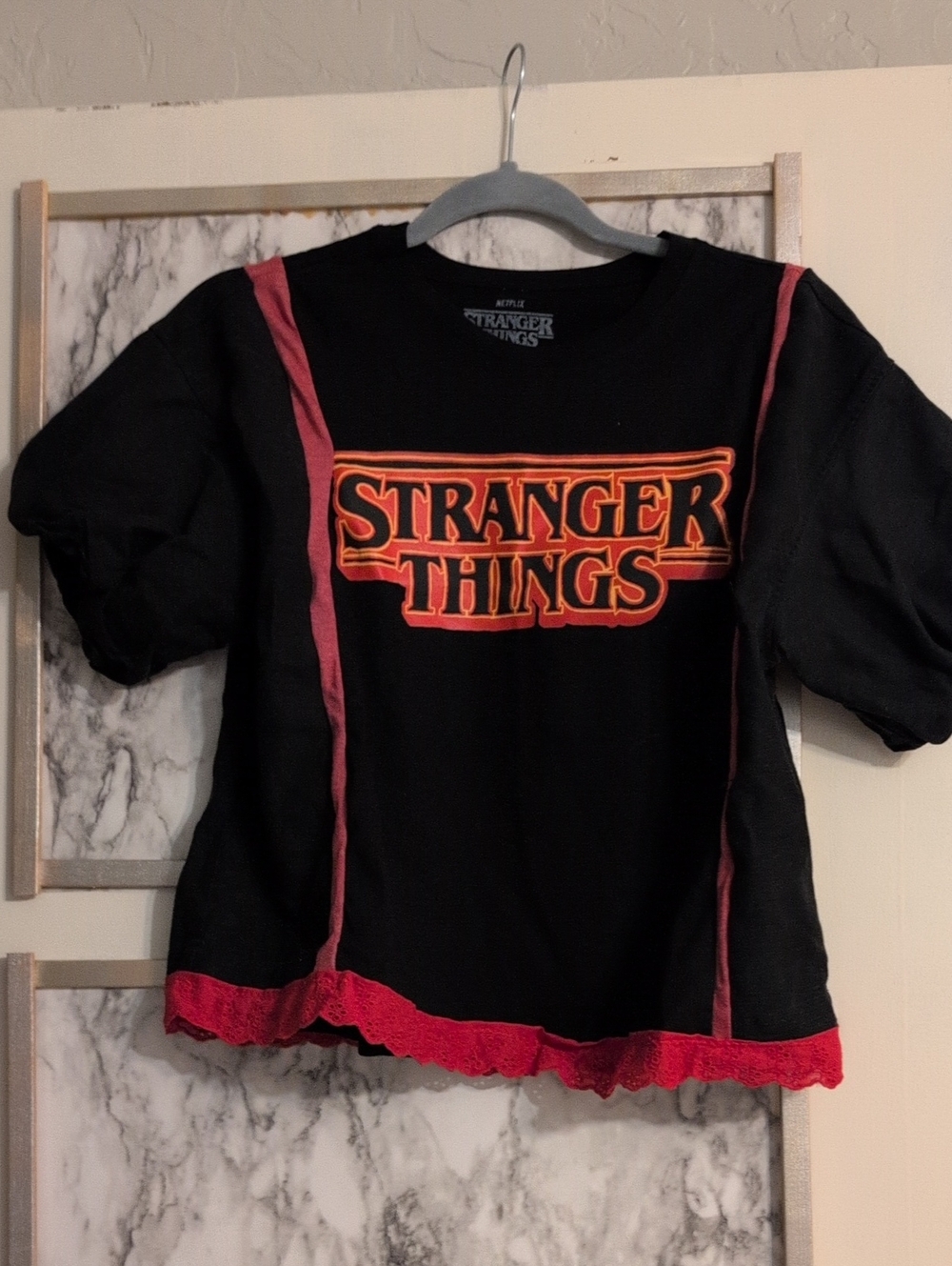 Custom Upcycle Stranger Things T-shirt With Puff Sleeves And Lace Detail